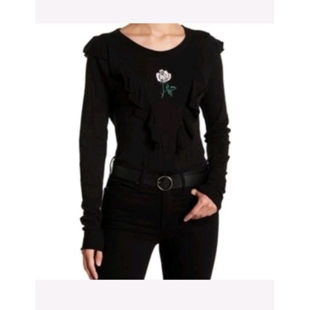 WILDFOX Lucienne Black Longsleeve Embroidered Rose Top M NWT  Ruffle Goth Cotton